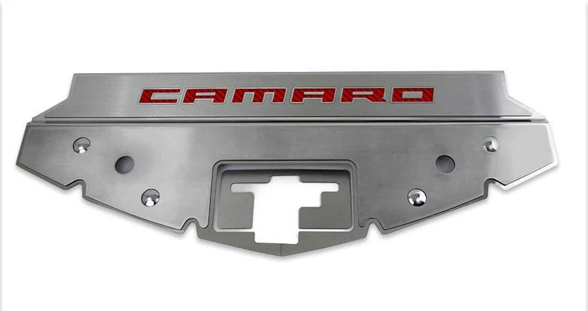 Brushed Front Header Plate w/Red C-Fiber Vinyl "CAMARO" Inlay for 2016-20 Camaro
