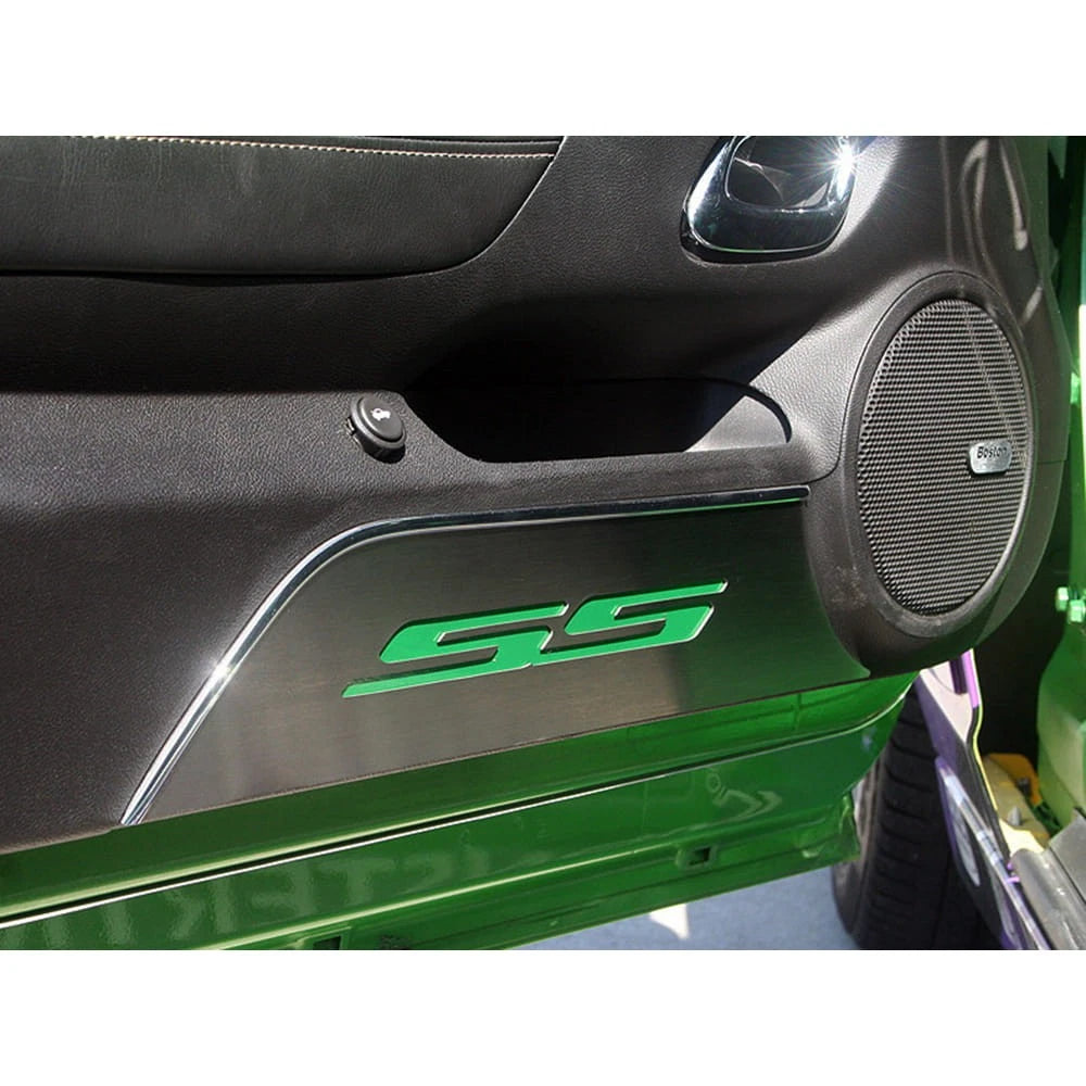 Stainless Door Panel Kick Plates with Dark Blue Vinyl Inlay for Camaro (2010–2015)