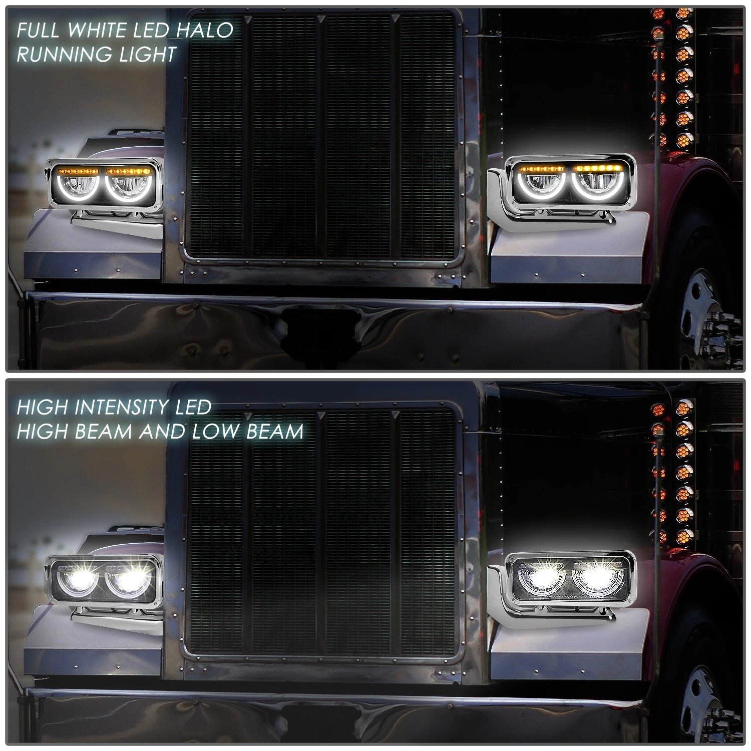 LED Halo Ring DRL Turn Signal Headlights for Peterbilt 359 379 389 (1981–2021)