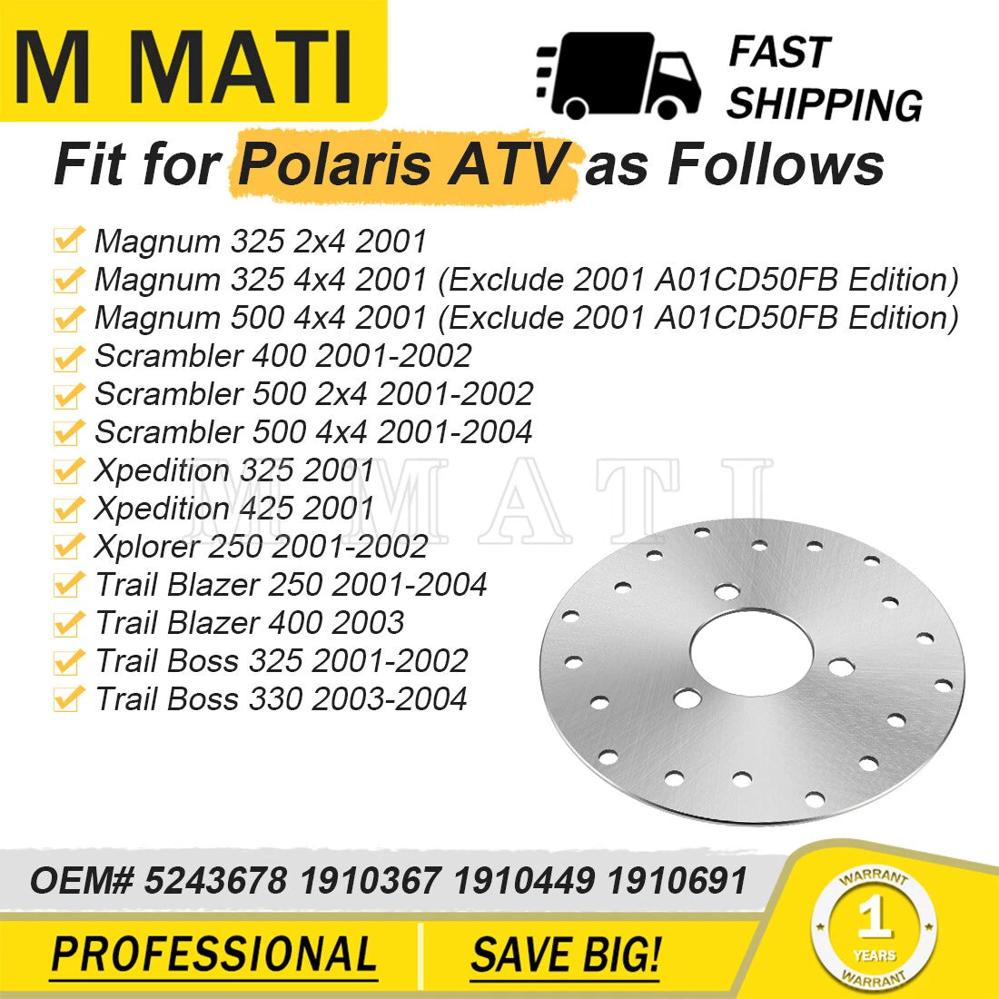 Rear Brake Disc Rotor for Polaris Trail Boss 325 2001-2002, 330 2003-2004