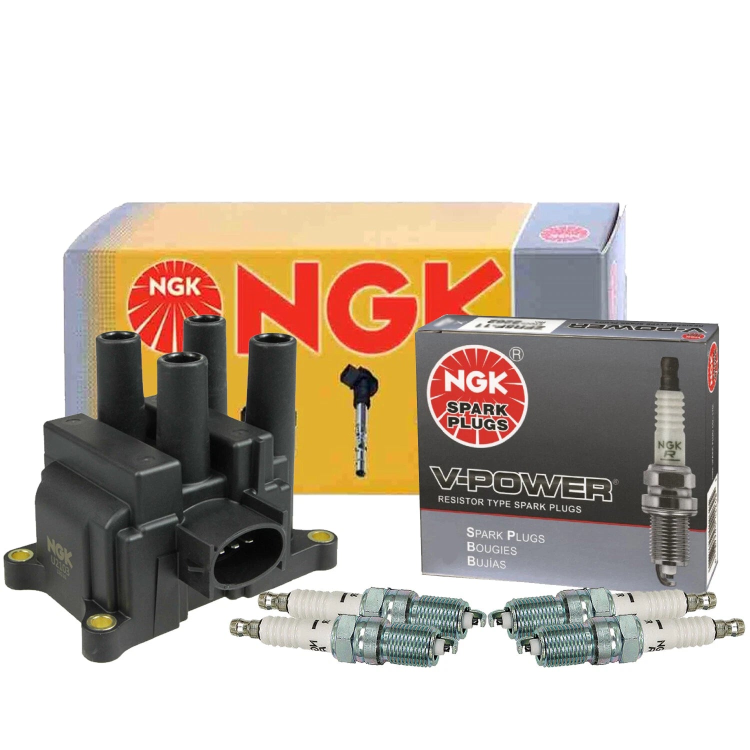 NGK DIS Ignition Coil & 4 V-Power Spark Plugs for Ford Ranger Mazda 6 (2001–2008)