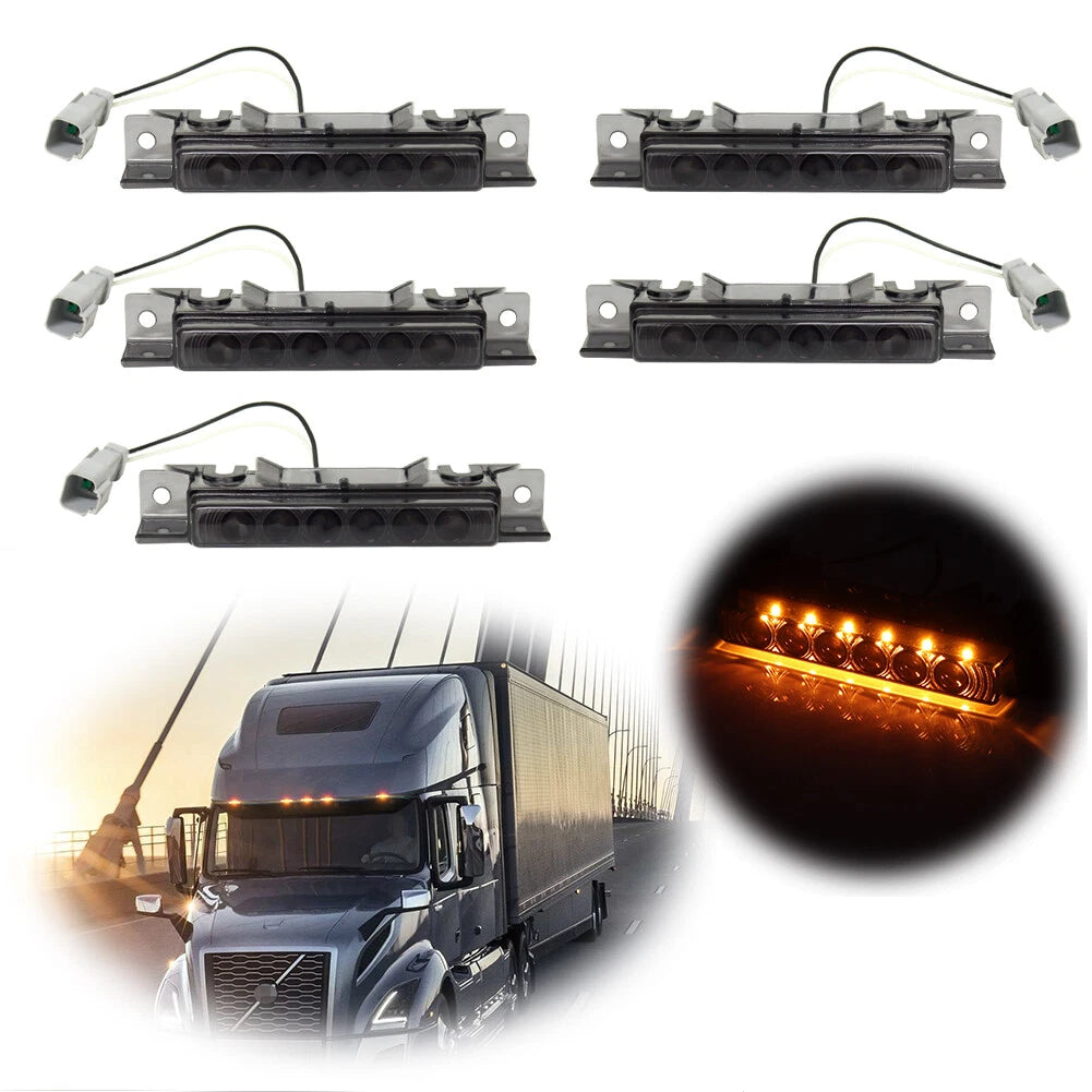 Set of 5 Smoked Amber 6 LED Cab Marker Lights for Volvo VN/VNL