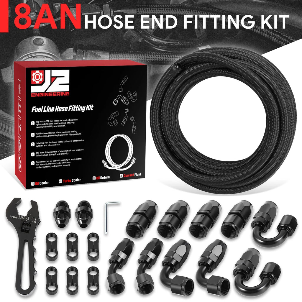J2 8AN Stainless Steel Braided Fuel Line Tube Oil Hose Kit 25FT