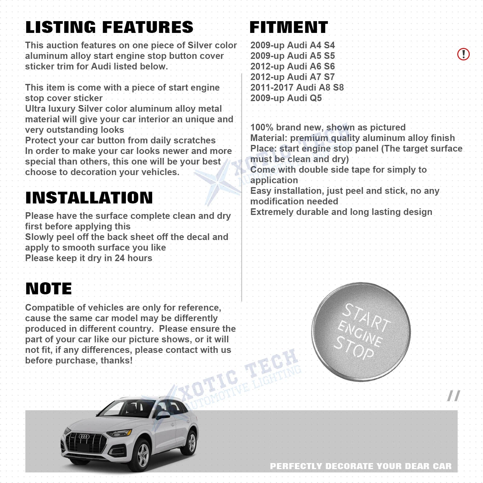 Keyless Engine Push Start Button Cover Trim for Audi A4 A5 (2009-)