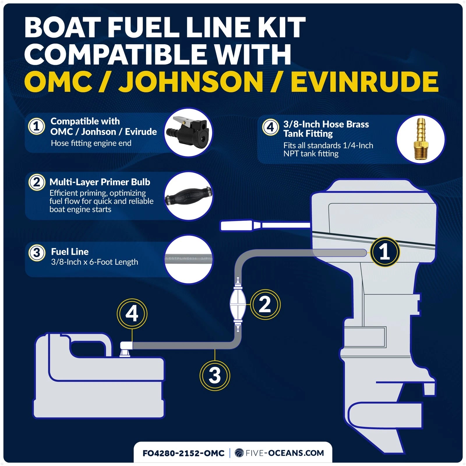 Fuel Line Kit 3/8" x 6' for OMC Johnson Evinrude Marine (EPA/CARB)