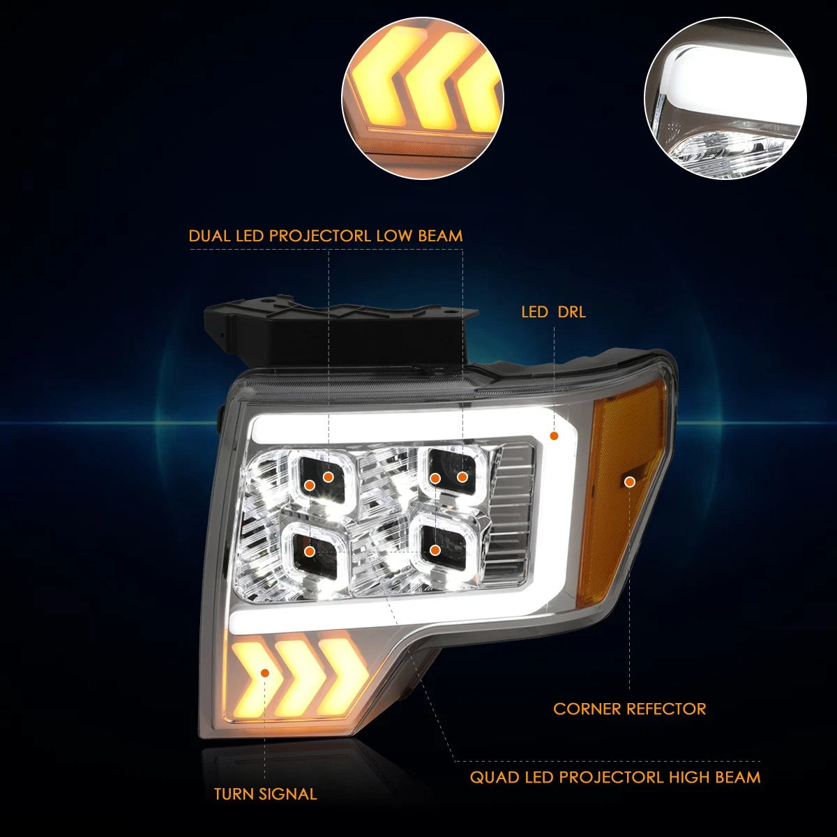 Quad LED DRL + Arrow Signal Projector Headlights for Ford F150 (2009–2014)