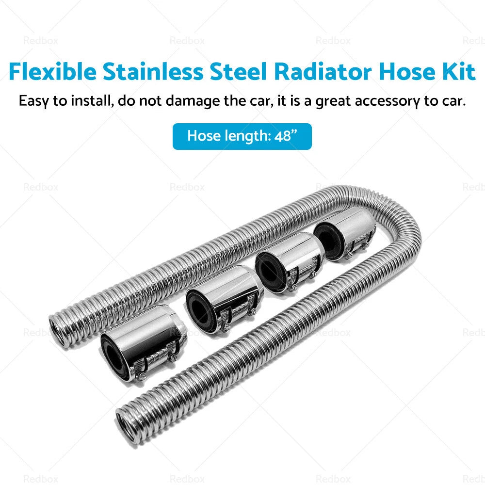 48" Flexible Stainless Steel Radiator Hose Kit for Cars with Chrome Caps