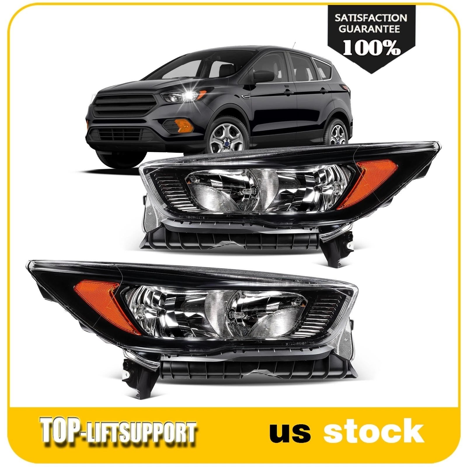 2X Black Headlights with Bulbs for Ford Escape (2018–2019)