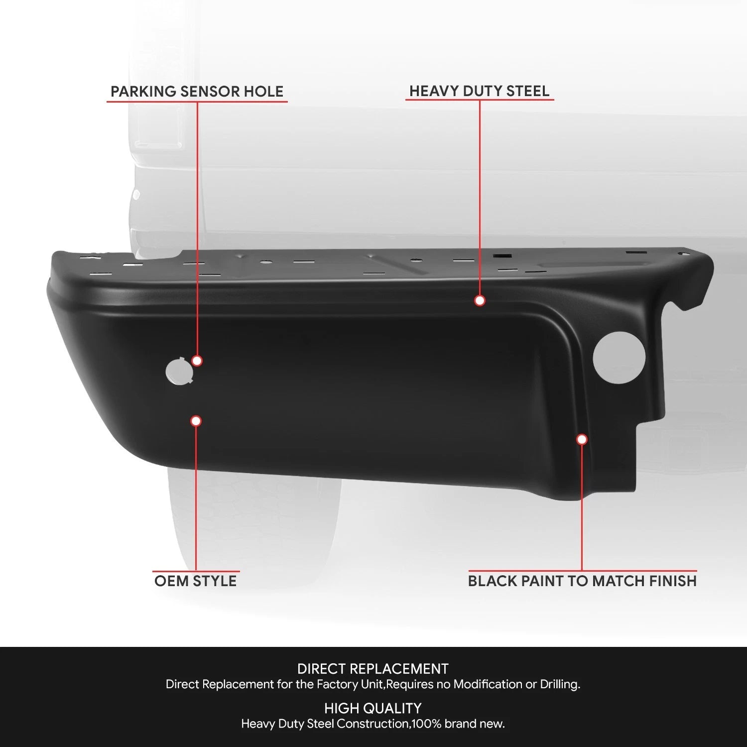 Rear Bumper Ends for Ford F-250 SD (2008–2016) w/ Sensor Holes, Black