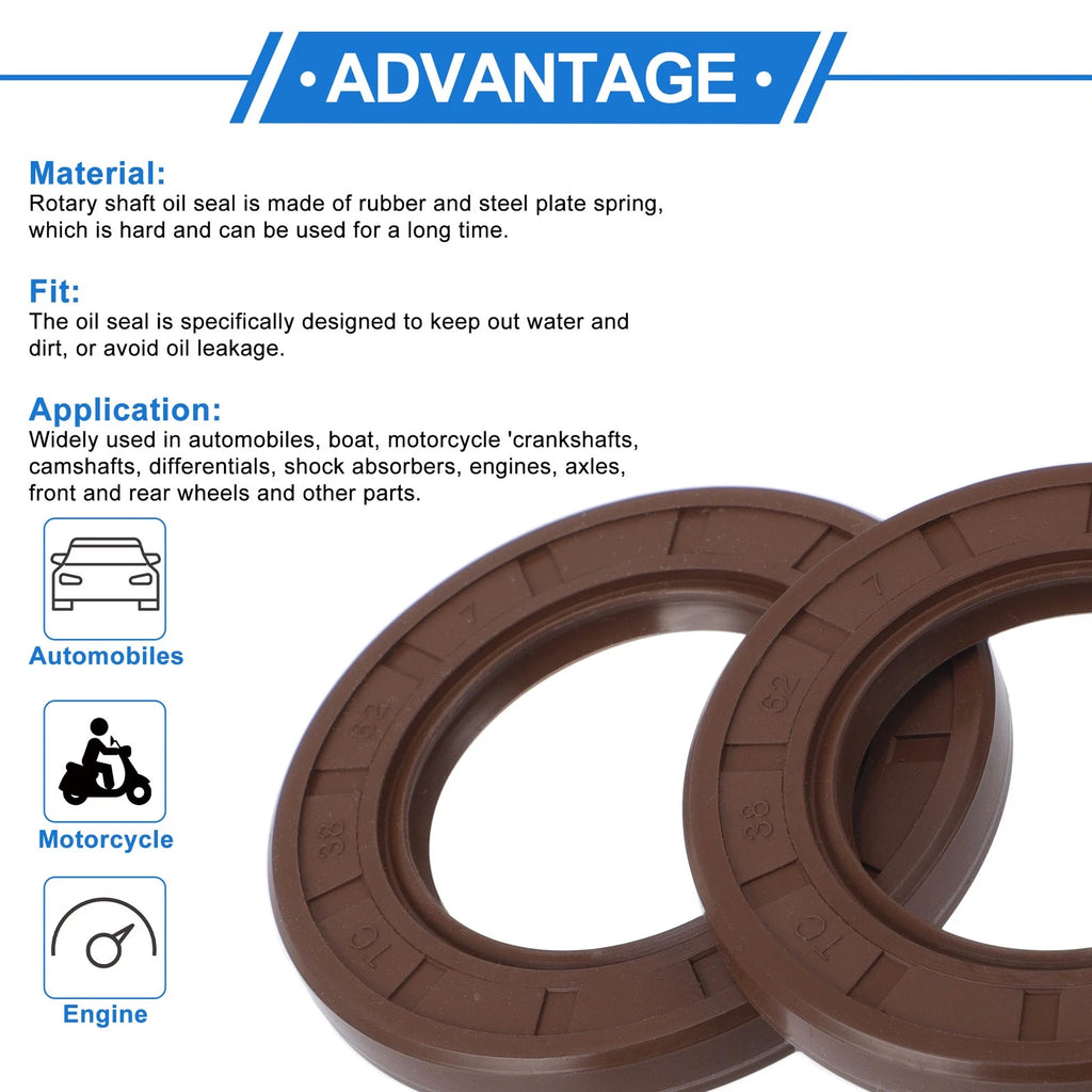 Set of 2 Oil Seal Rotary Shaft Seal FKM Rubber 38x62x7mm