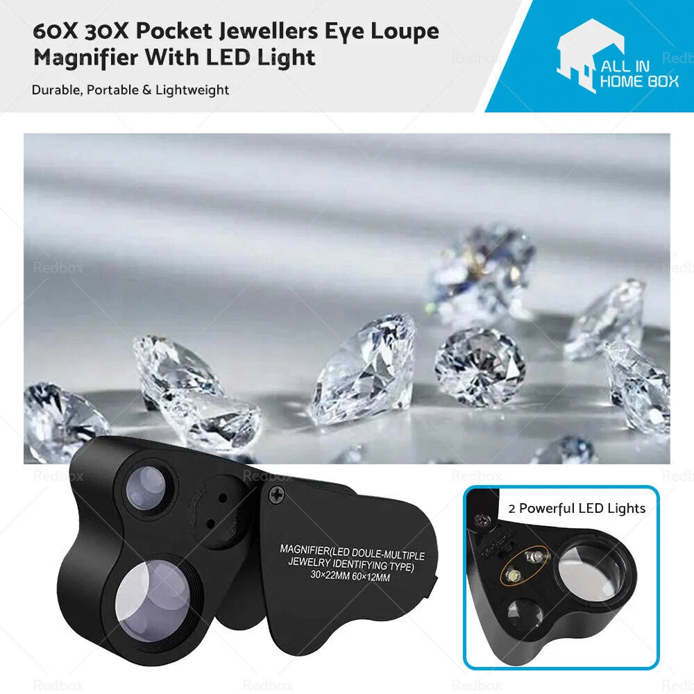 60X 30X LED Pocket Jewellers Eye Loupe Magnifier for Jewelry