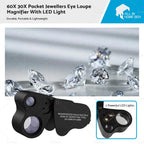 60X 30X LED Pocket Jewellers Eye Loupe Magnifier for Jewelry