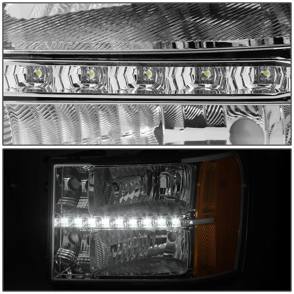 LED DRL Chrome Housing Amber Side Headlights for GMC Sierra (2007–2014)