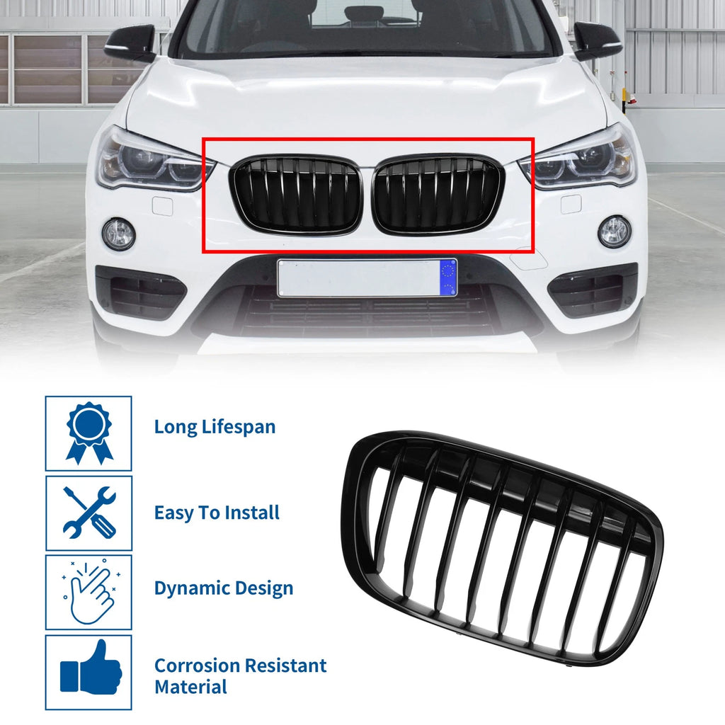 1 Pair Front Upper Bumper Grille for BMW X1 F48 (2016–2022) Gloss Black
