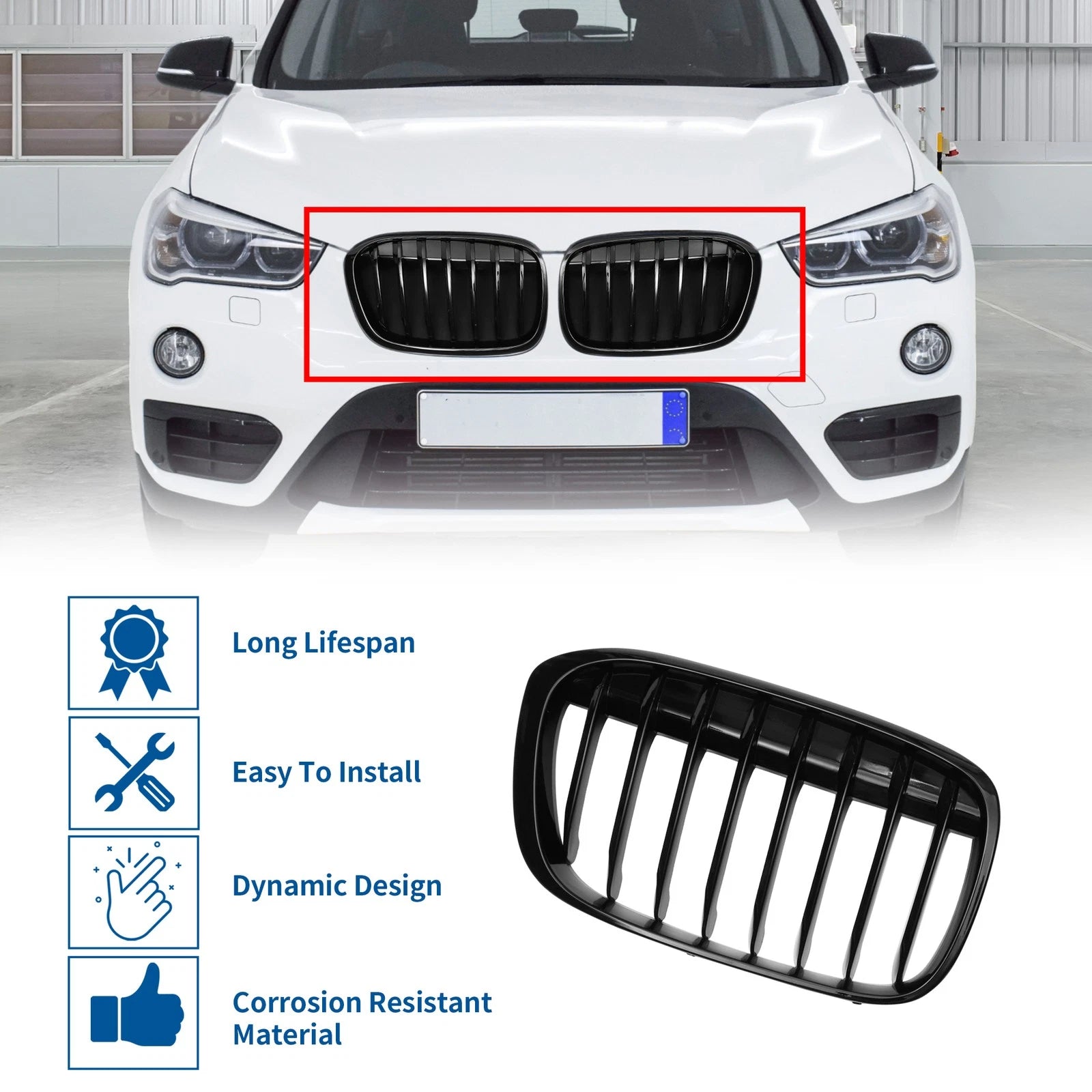 1 Pair Front Upper Bumper Grille for BMW X1 F48 (2016–2022) Gloss Black