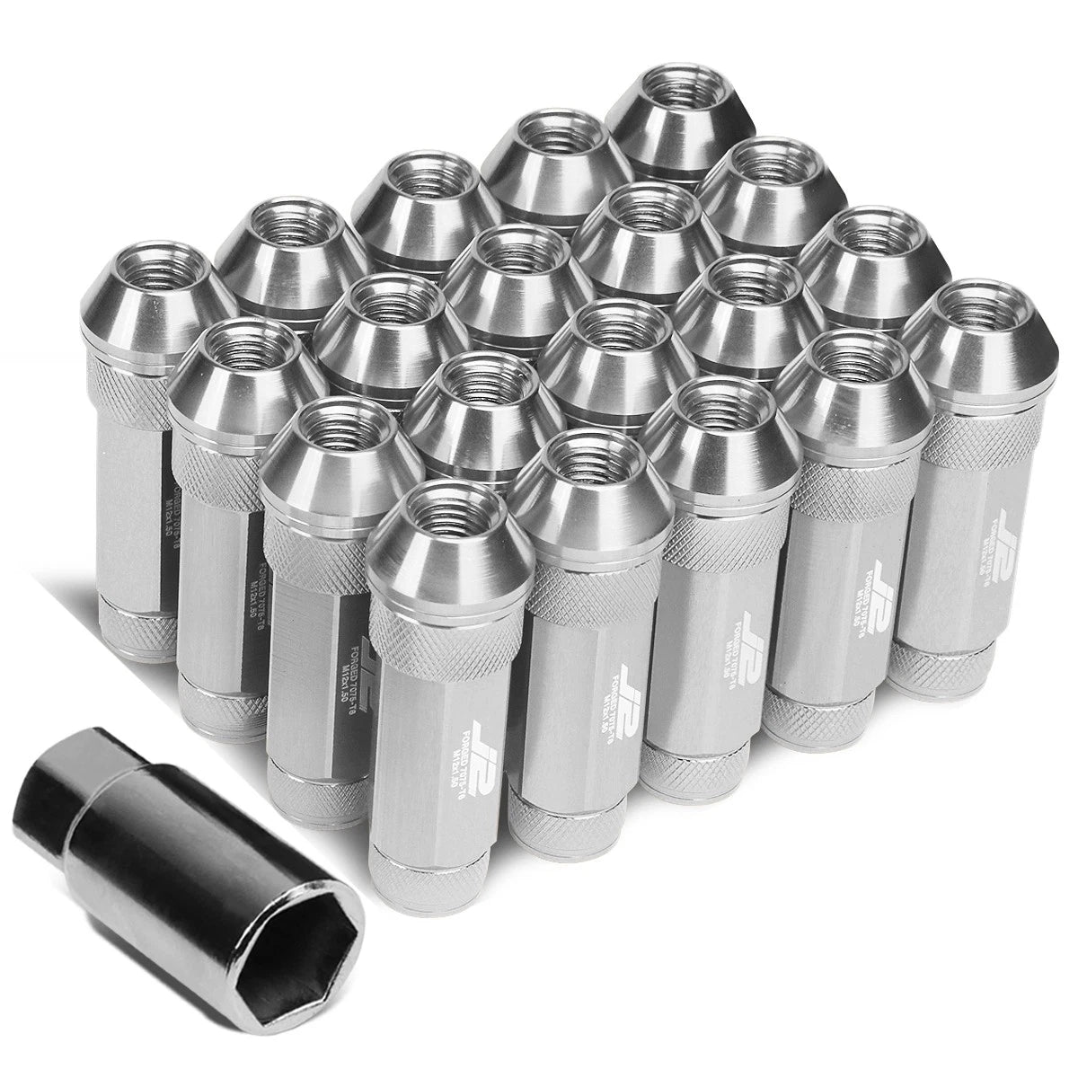 Set of 20 J2 7075 Forged Aluminum M12 x 1.5 Open-End Lug Nuts w/Key Silver