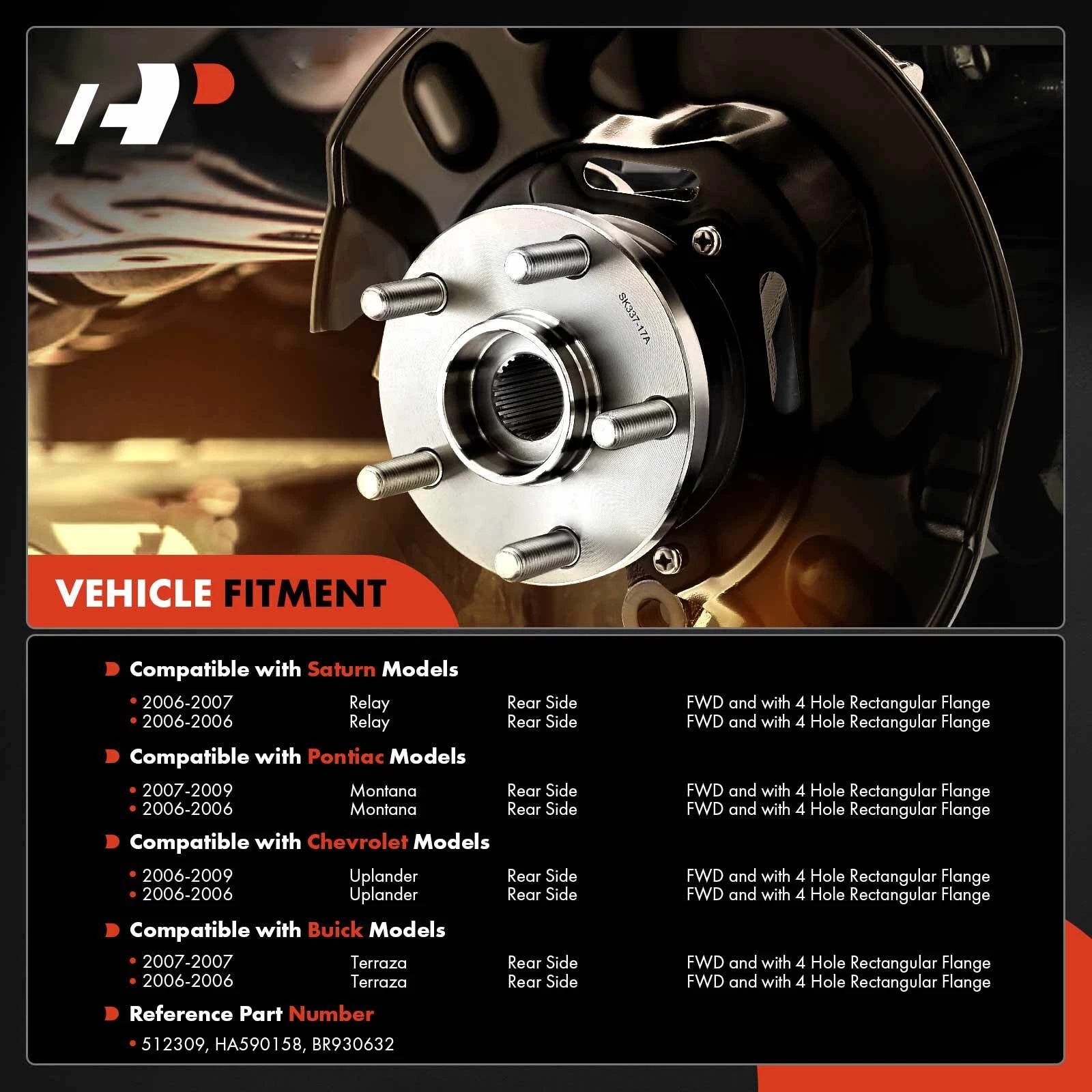 2X Rear Wheel Hub & Bearing Assembly with ABS for Chevy Uplander (2006–2009)