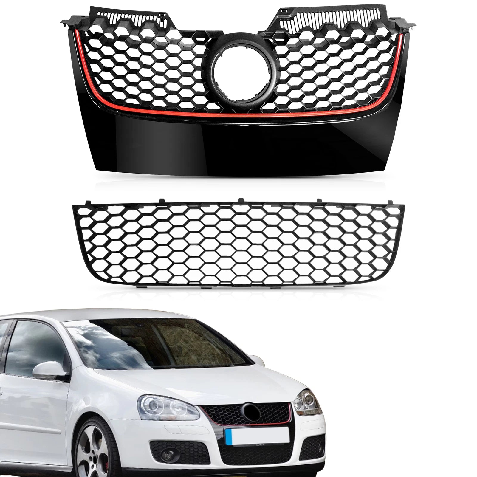 Black Hex Mesh Grille with Red Trim for VW Mk5 Jetta GTI (2006–2009)