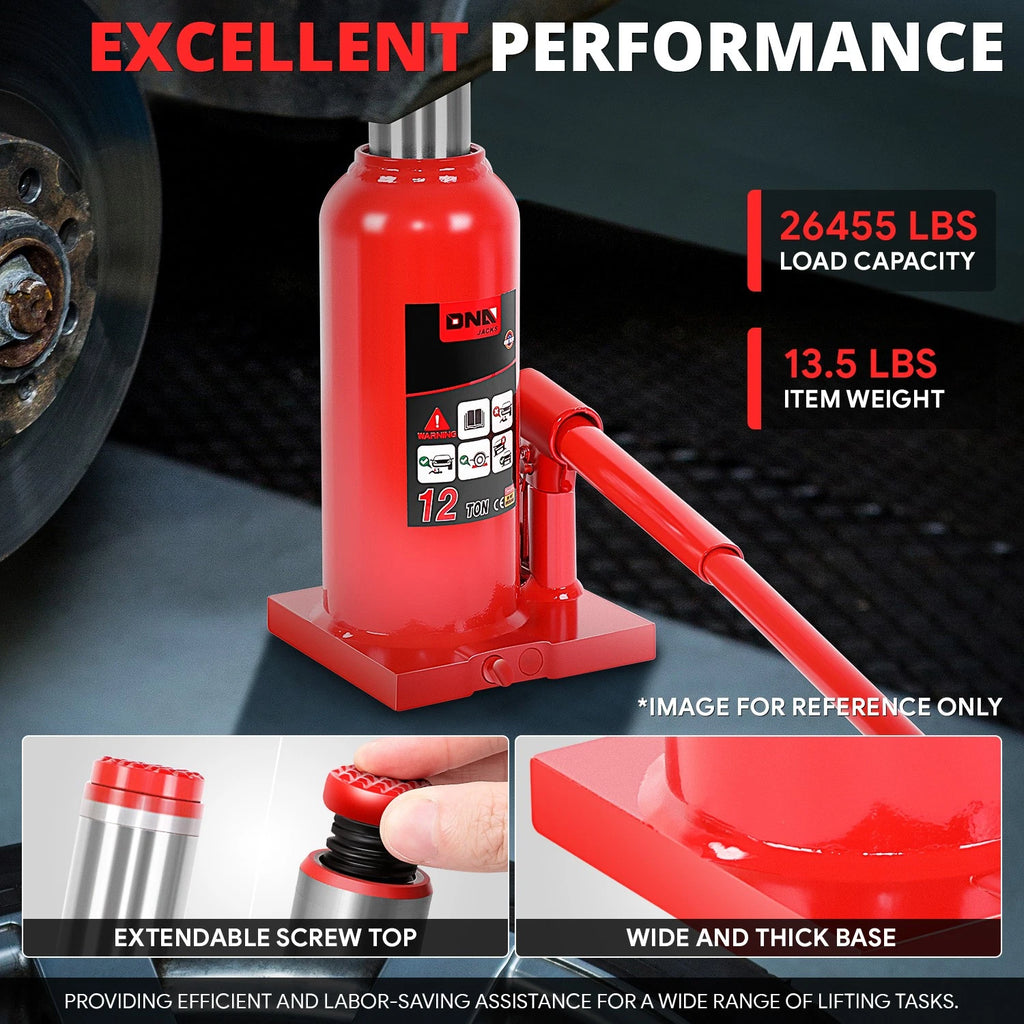 17.3" Red Hydraulic Bottle Jack for Automotive Repair (12 Tons)