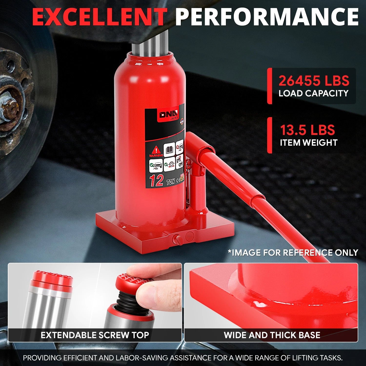 17.3" Red Hydraulic Bottle Jack for Automotive Repair (12 Tons)