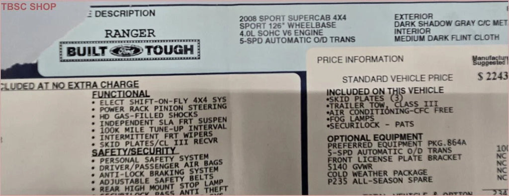 Original Dealer Window Sticker for Ford Ranger Sport Supercab 4x4 (2008) B58963