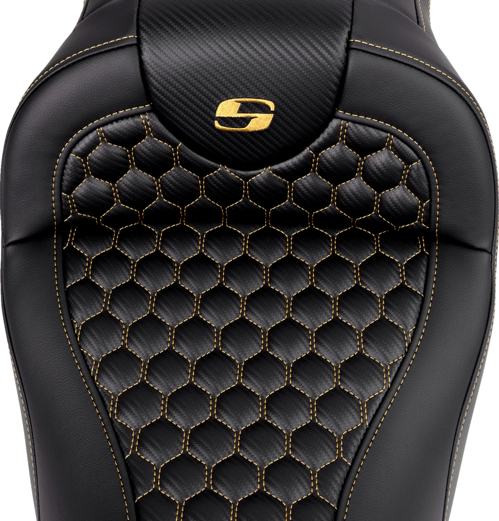 SADDLEMEN RoadSofa Seat for FLH/FLT (without Backrest) - Honeycomb, Gold Stitch