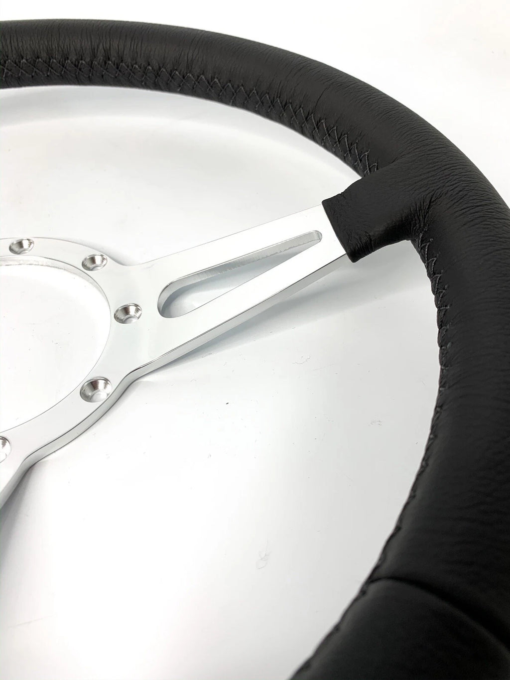 14 Inch Slotted Steering Wheel 3 Spoke Black Leather Grip for Universal (9 Hole)