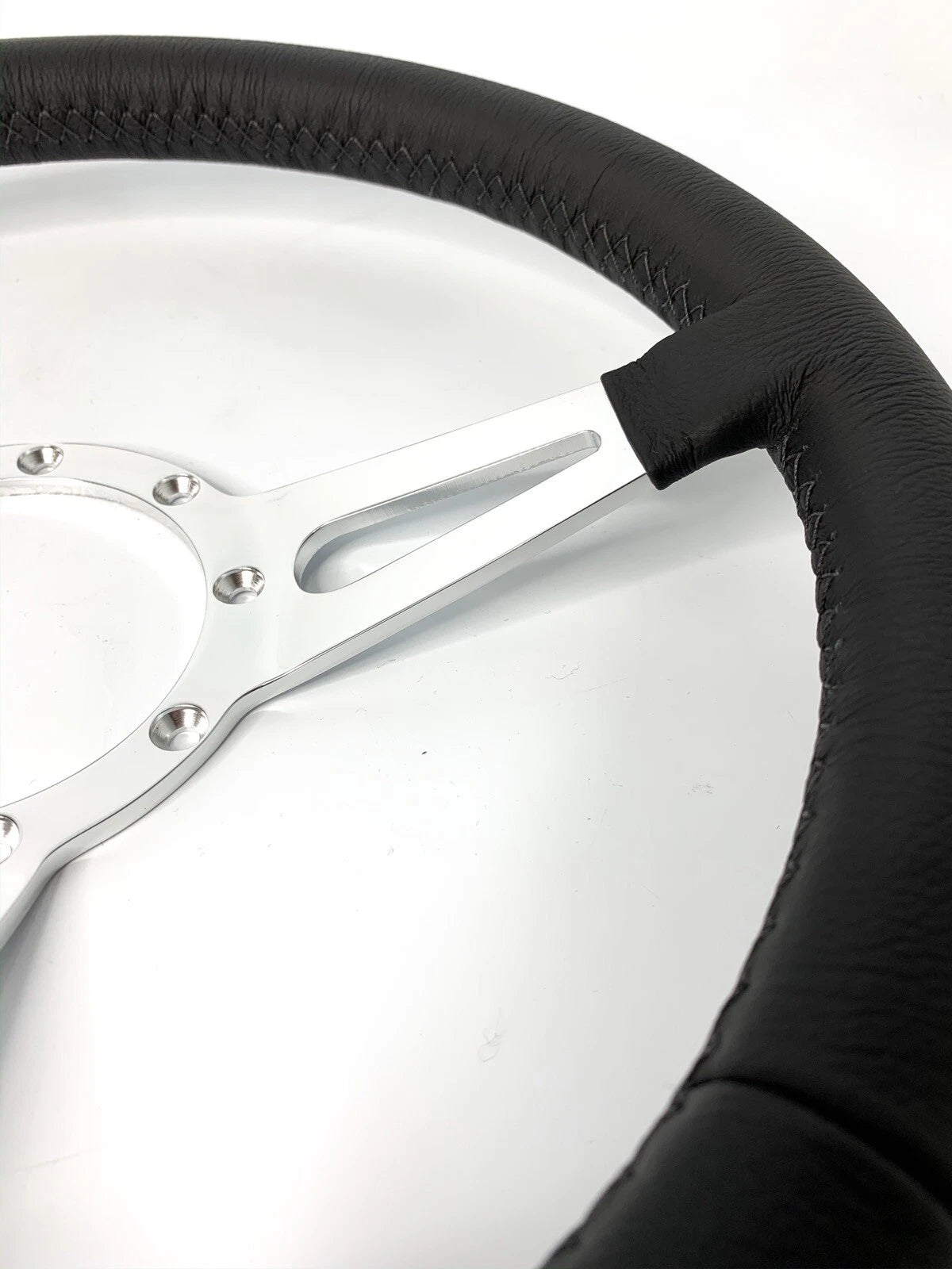 14 Inch Slotted Steering Wheel 3 Spoke Black Leather Grip for Universal (9 Hole)