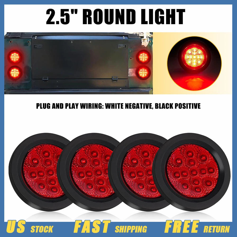 2X Round Red LED Tail Clearance Side Marker Lights for Trailer Truck Van