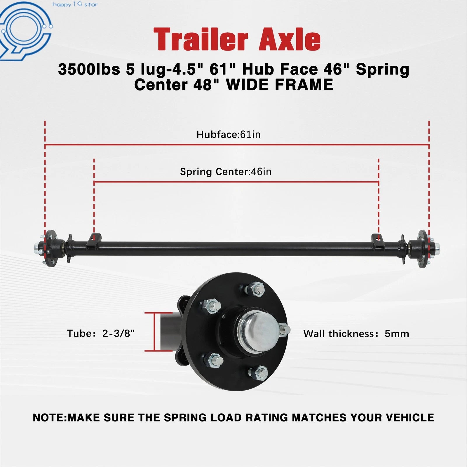 Trailer Axle for 3500 lbs (5 Lug, 4.5" Hub Face, 48" Wide Frame)