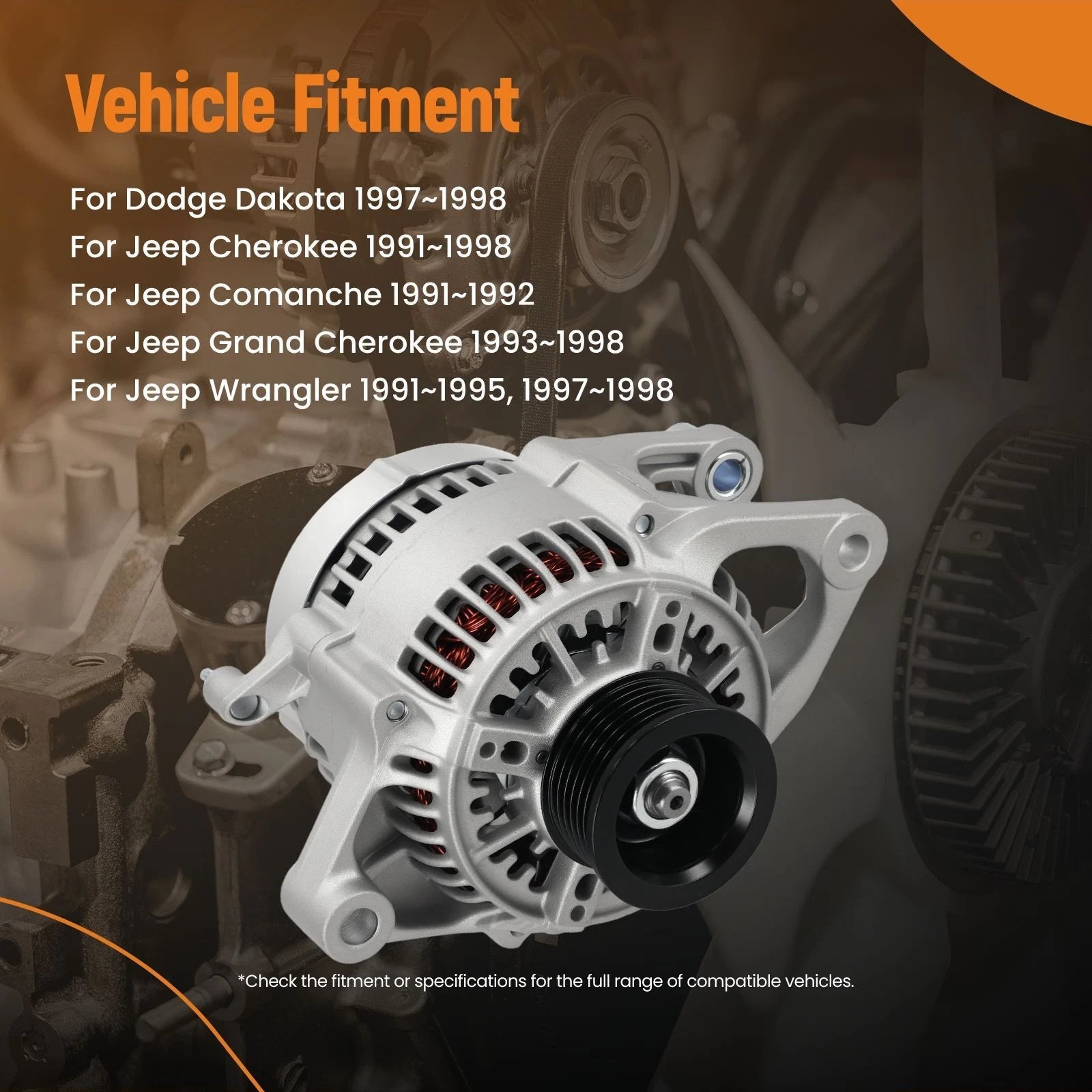 90A 12V Alternator for Jeep Cherokee Wrangler Grand Cherokee (1991–1998) 13341N