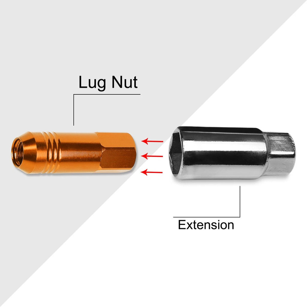 Set of 20 M12X1.25 Orange JDM Open End Conical Wheel Lug Nuts + Extension 20mm