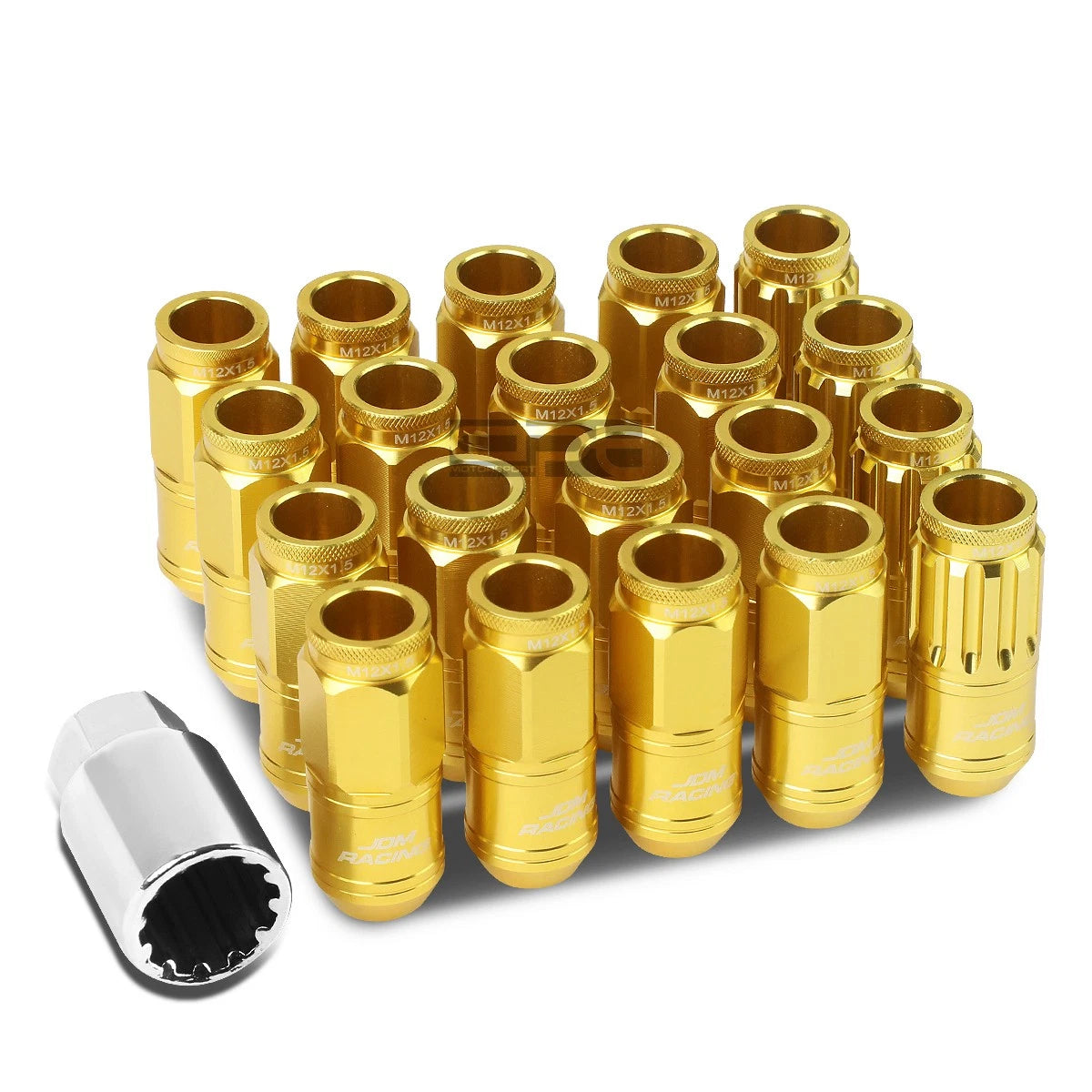 Set of 16 Open-End Aluminum Gold Lug Nuts + 4 Lock Nuts + Adapter M12x1.5