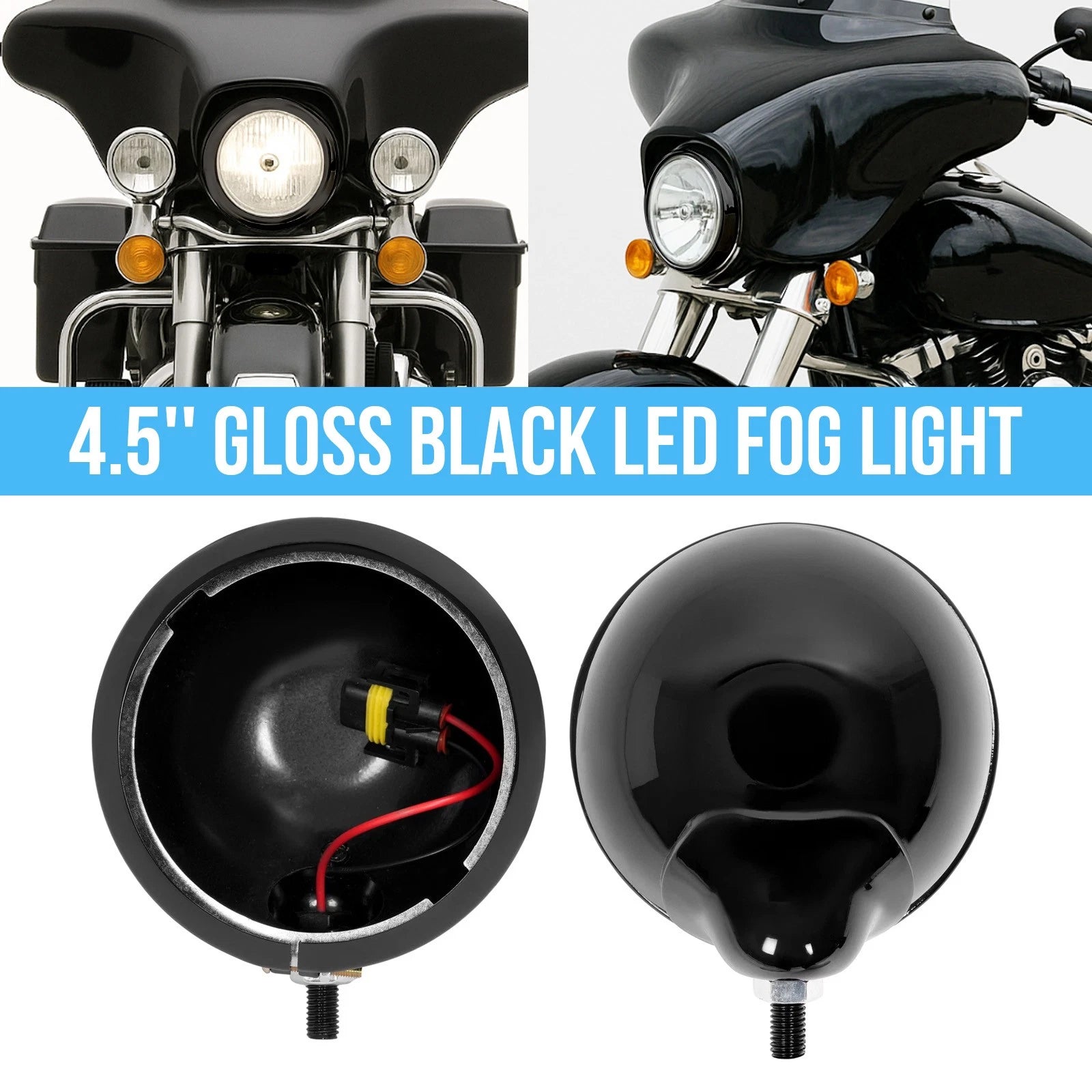 2X 4.5'' Gloss Black LED Fog Light Housing for Harley