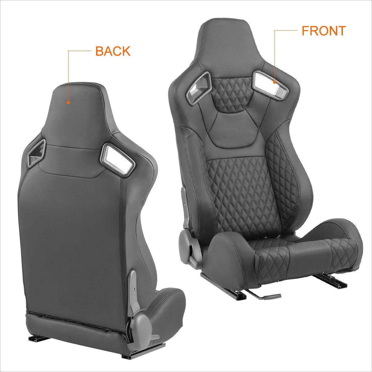 2Pcs Racing Seats for Universal Fit (Reclinable, Quilted, Black Stitching)