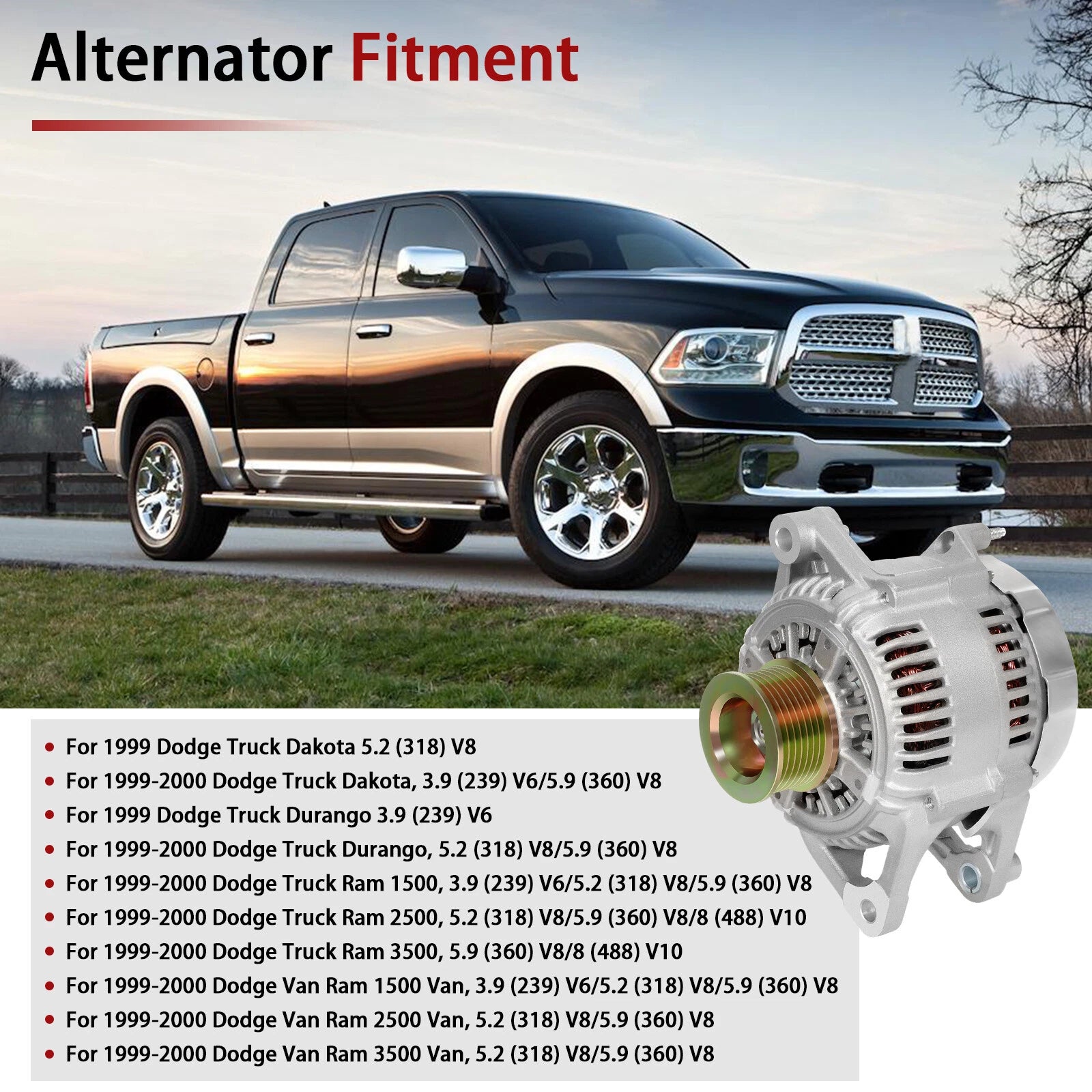 Alternator for Dodge Dakota Durango Ram Van (1999–2000) 3.9L 5.2L 5.9L