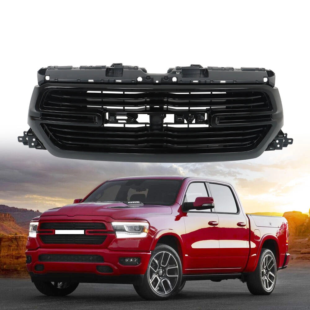 Front Upper Grille for Ram 1500 (2019-2022) Glossy Black Plastic