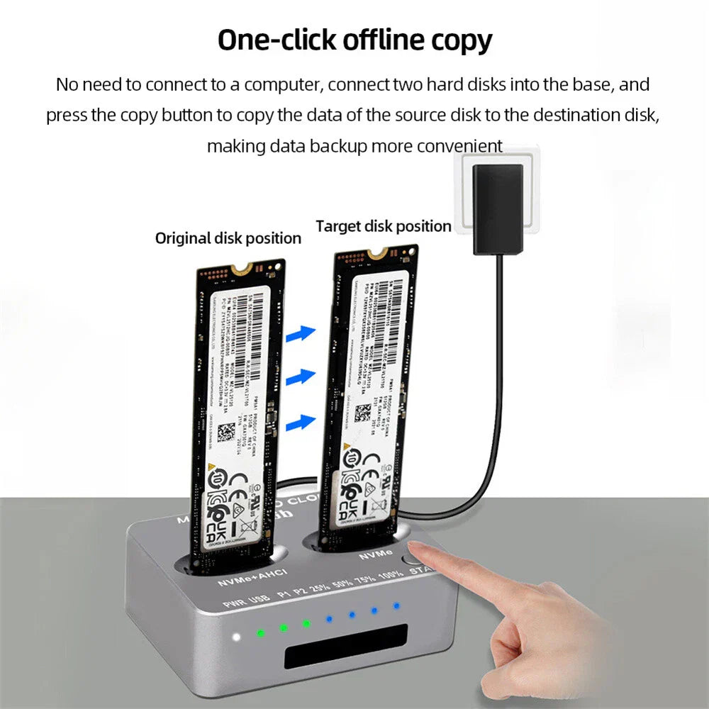 M.2 NVMe USB 3.2 2-Bay SSD Duplicator Dock for Hard Drive Cloning