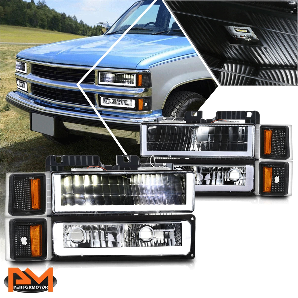 U-Shape LED DRL Headlights for Chevy C/K Pickup Suburban Tahoe (1994–2000)