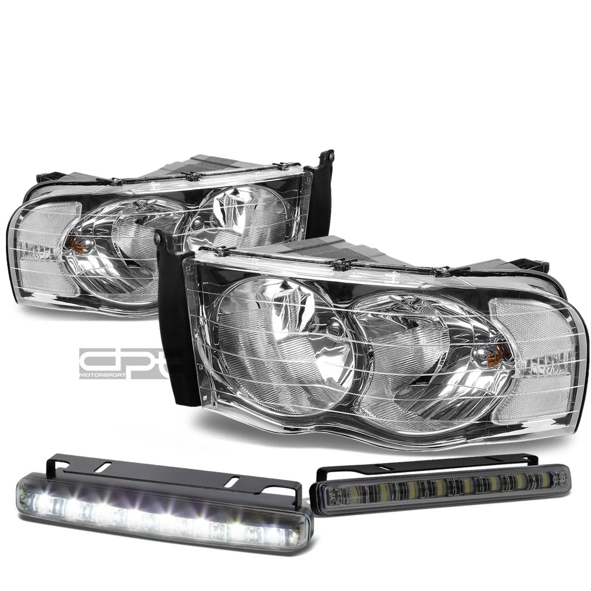 Set of 4 Chrome Housing Clear Lens Headlight, Signal Lamp, LED Fog Light for Ram (2002–2005)