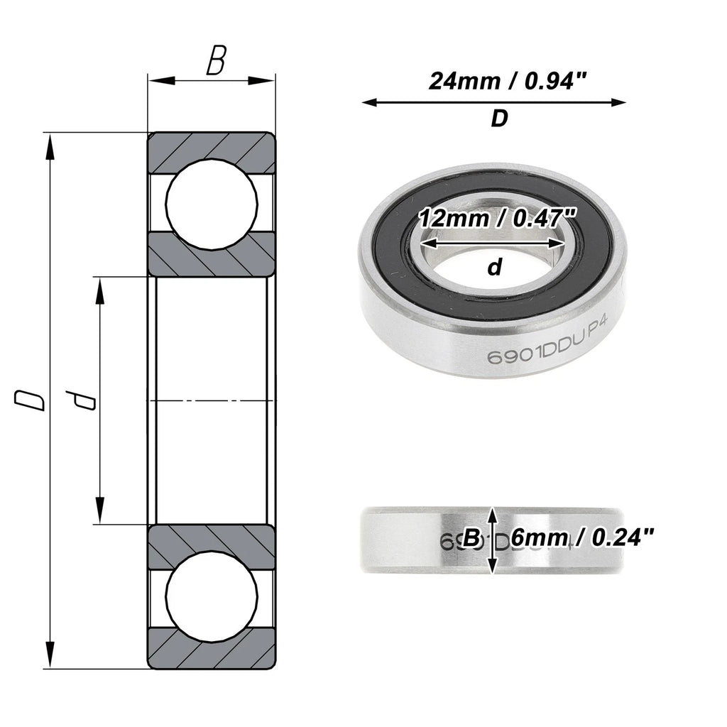 Deep Groove Ball Bearing P4 for Scooter Skateboard (12x24x6mm) 1 Pc
