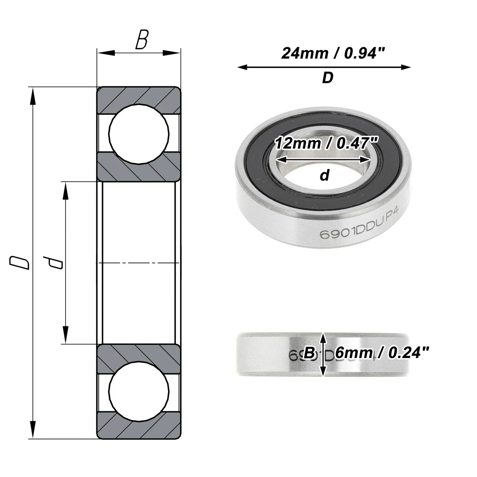 Deep Groove Ball Bearing P4 for Scooter Skateboard (12x24x6mm) 1 Pc