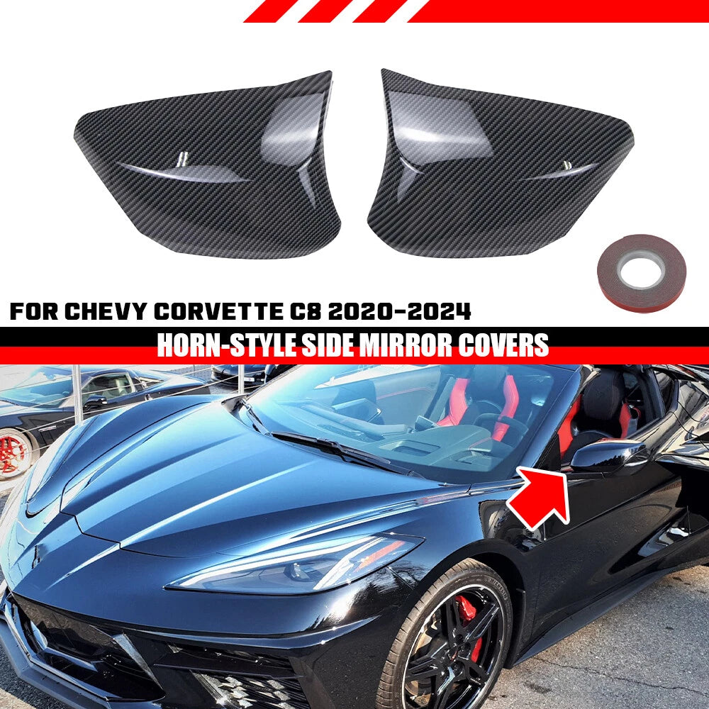 Pair Carbon Look Rearview Side Wing Mirror Cover Caps for Corvette C8 (2020–2024)