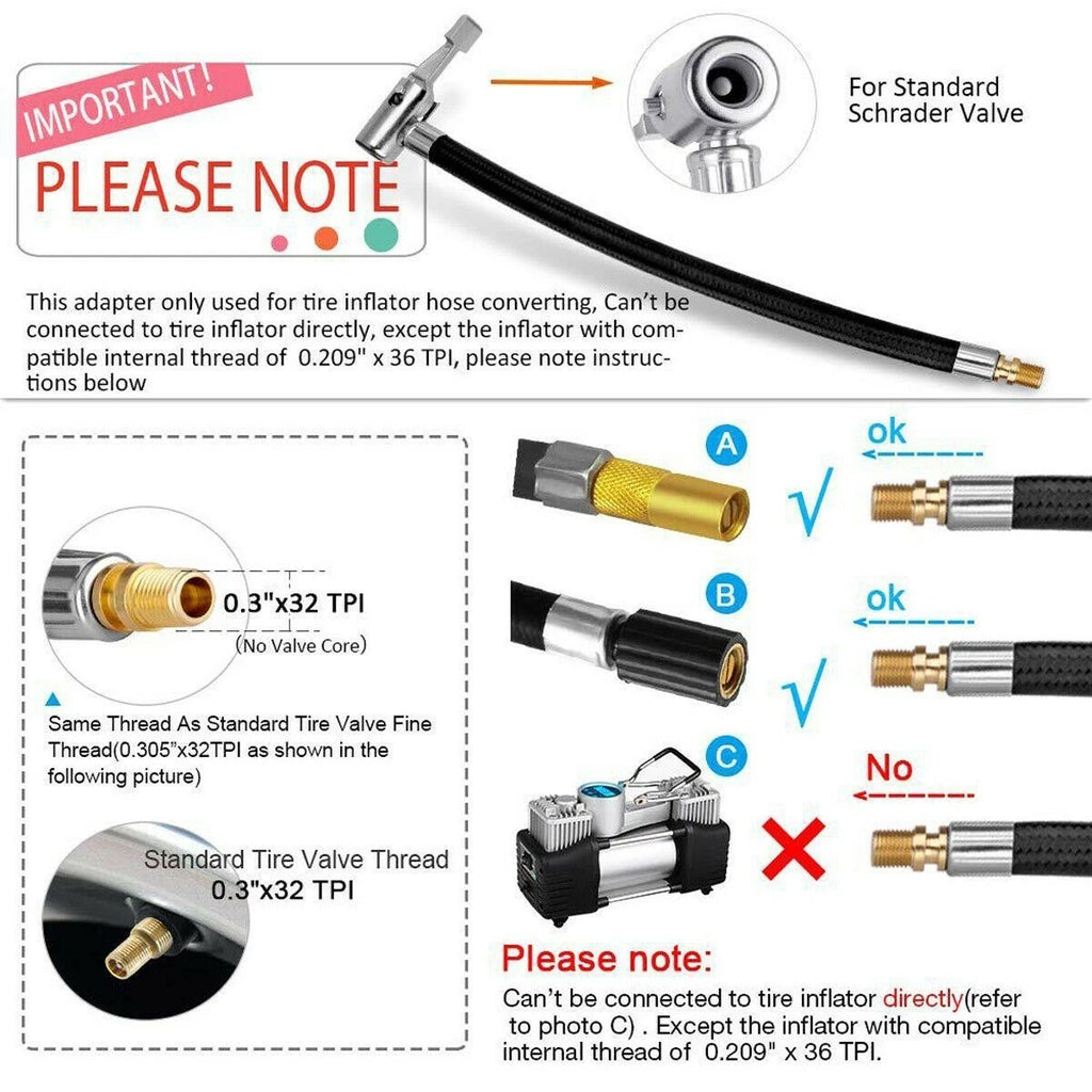 10cm Tyre Chuck Inflator Pump Extension Hose Adapter for Universal Vehicles