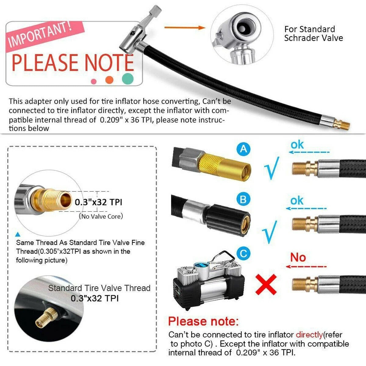 10cm Tyre Chuck Inflator Pump Extension Hose Adapter for Universal Vehicles