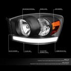 LED DRL Headlight for Dodge Ram 1500/2500/3500 (2006–2009) - Black Housing Amber