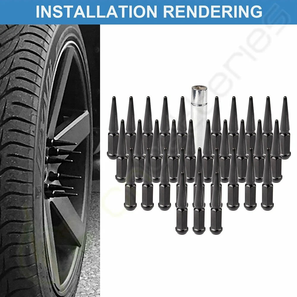 32 Pcs Black Spike Lug Nuts 14x1.5mm for Chevrolet Ford GMC (Fits All)