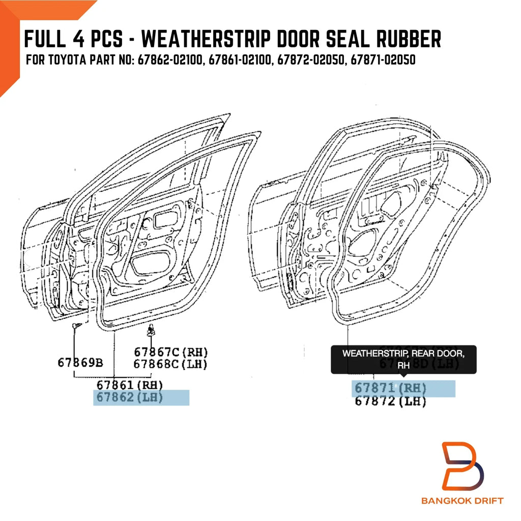 Front & Rear Door Rubber Seal Weatherstrip for Toyota Corolla ZZE Altis (01-08)