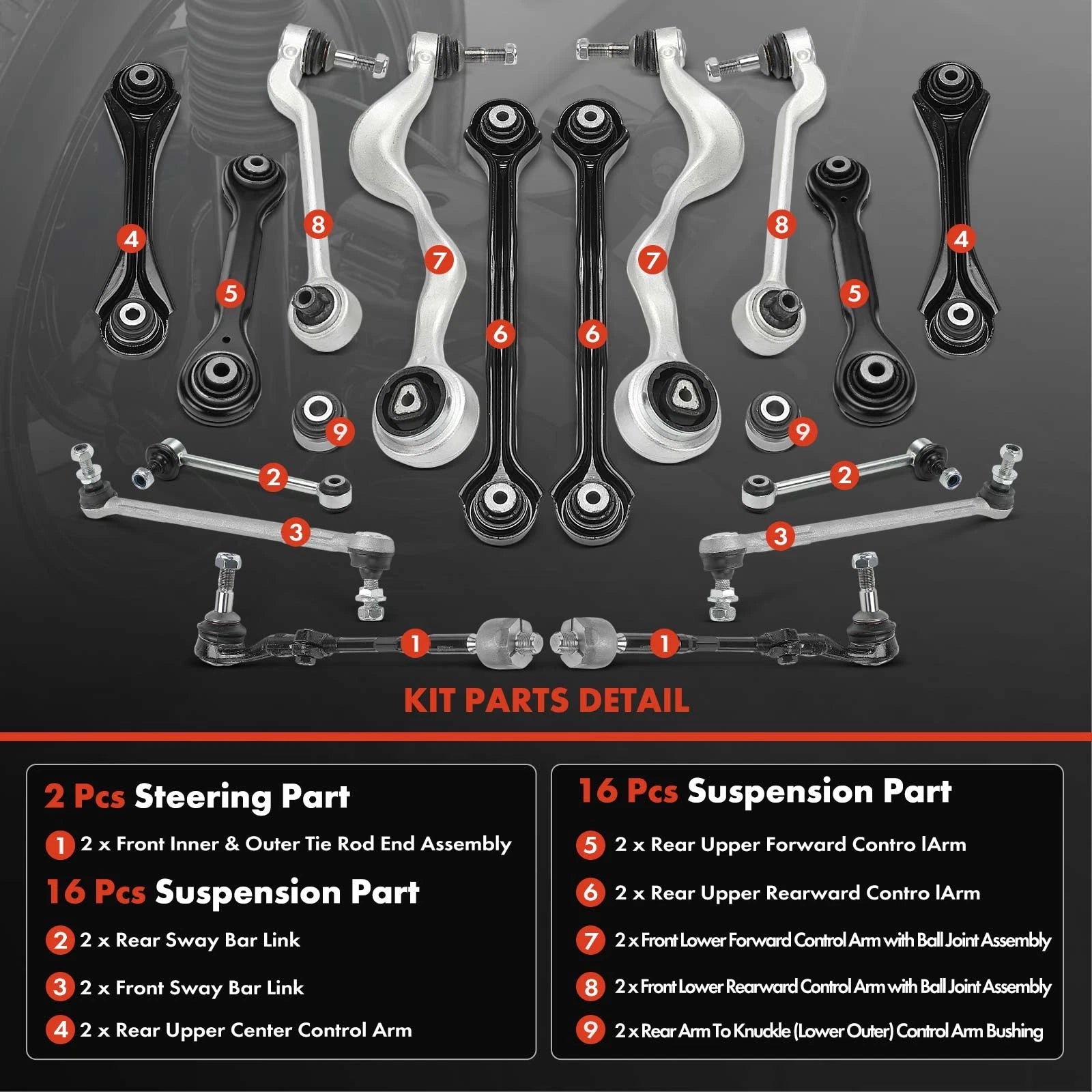 Set of 18 Front & Rear Lower Control Arm Bar Link Tie Rod Ends for BMW 328i (2012–2015)