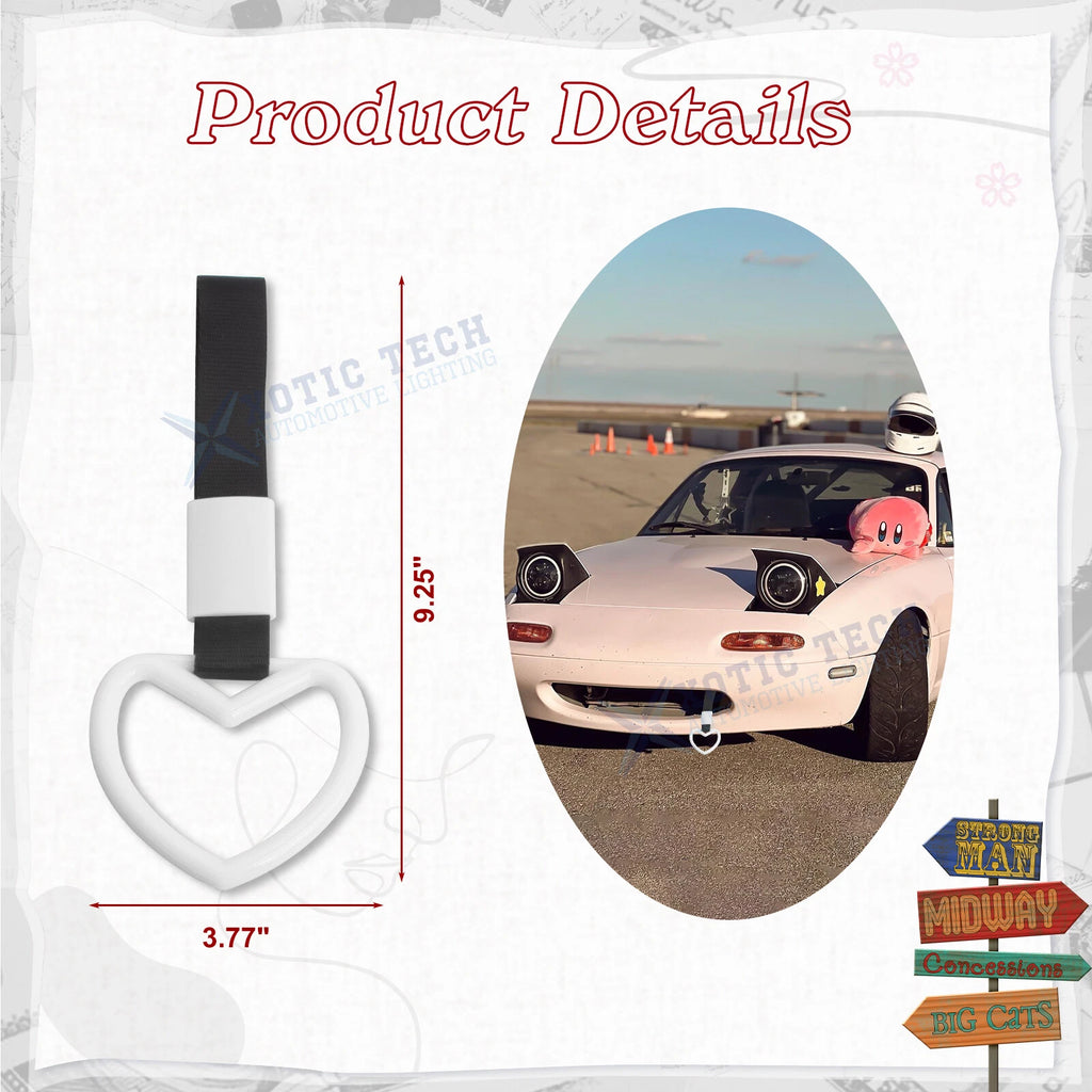 2x White Tsurikawa Handle Ring Heart Shaped Warning Decoration for Car (-)